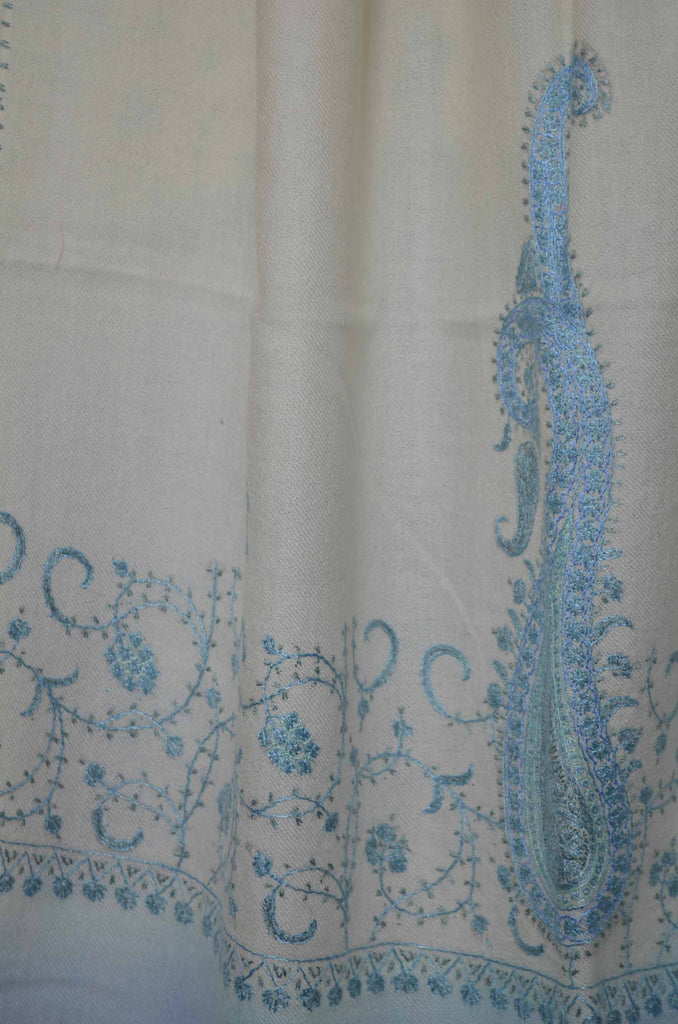 Ivory And Blue Merino Sozni Hand Embroidery Scarf