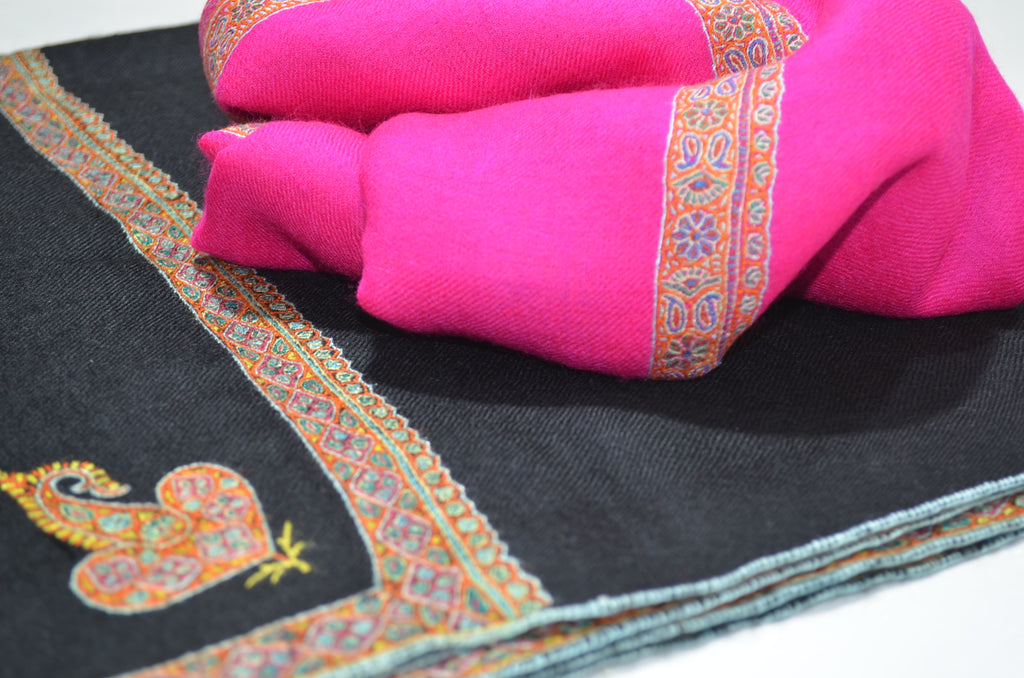 Hot Pink Cashmere Scarf With Stunning Border Embroidery
