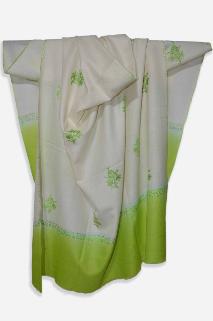 Ivory And Green Merino Sozni Hand Embroidery Shawl