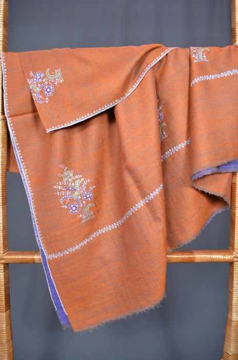 Brown Reversible Border Embroidery Cashmere Pashmina Shawl