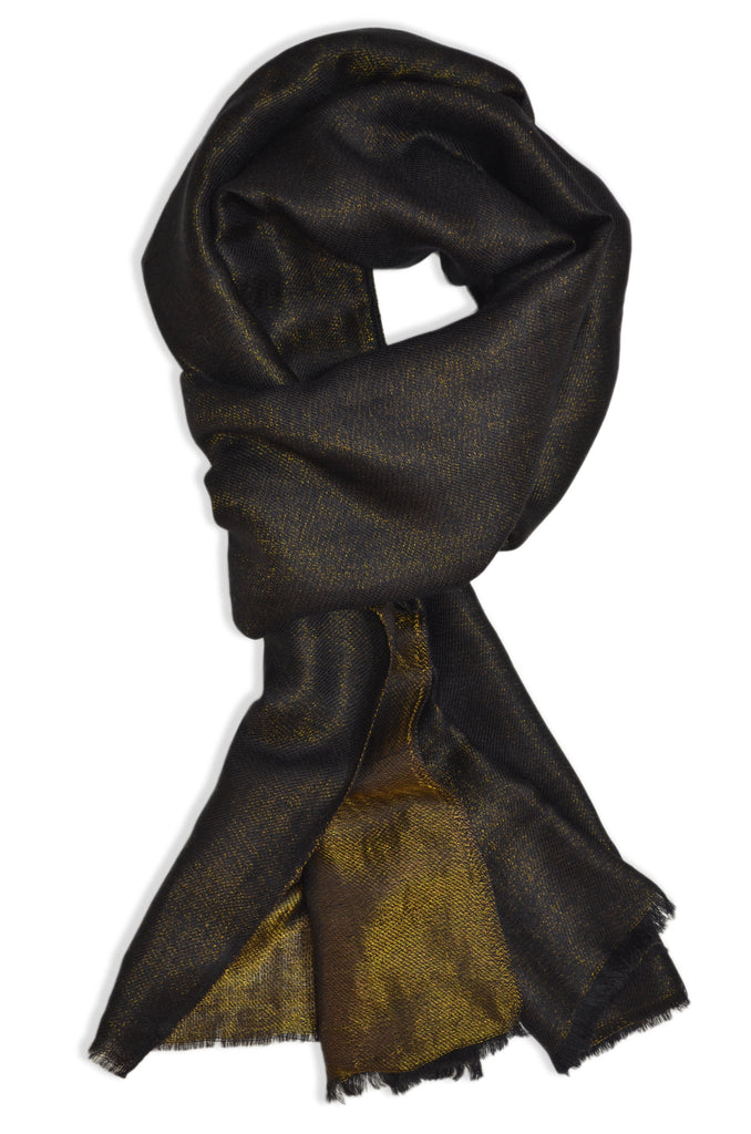 reversible black and metallic gold merino silk scarf | made in kashmir