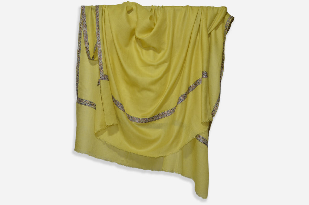 Yellow Cashmere Pashmina Shawl with Beautifully  Crafted Border