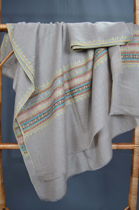 Un Dyed Natural Big Border embroidered shawl with multi color stripes