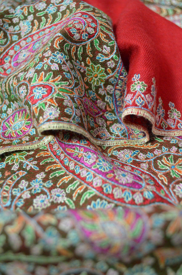 Red Big Border Embroidery Cashmere Pashmina Shawl