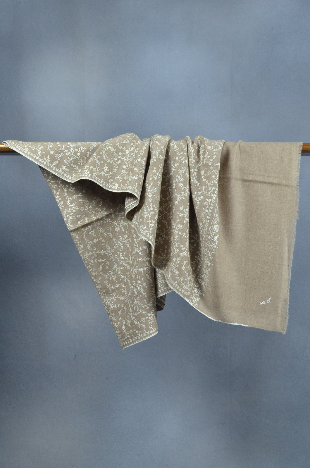 Natural Base White Embroidery Cashmere Pashmina Scarf