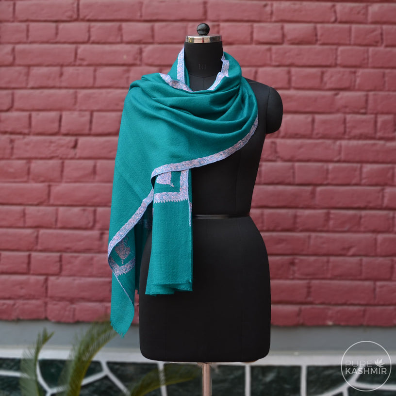 Jade Green Cashmere Scarf With Stunning Border Embroidery
