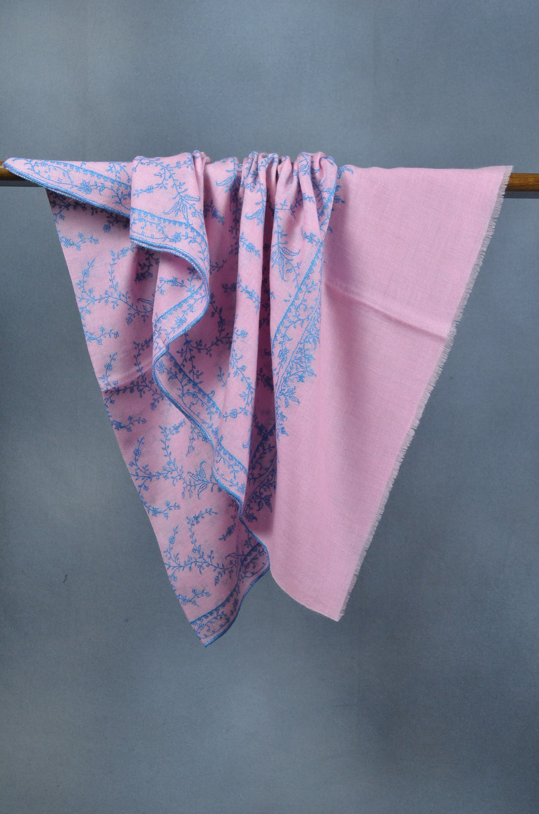 Baby Pink Base Blue Embroidery Cashmere Pashmina Scarf