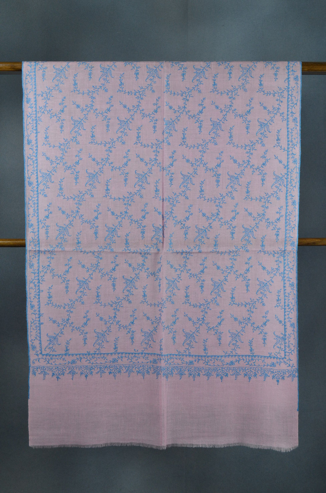 Baby Pink Base Blue Embroidery Cashmere Pashmina Scarf