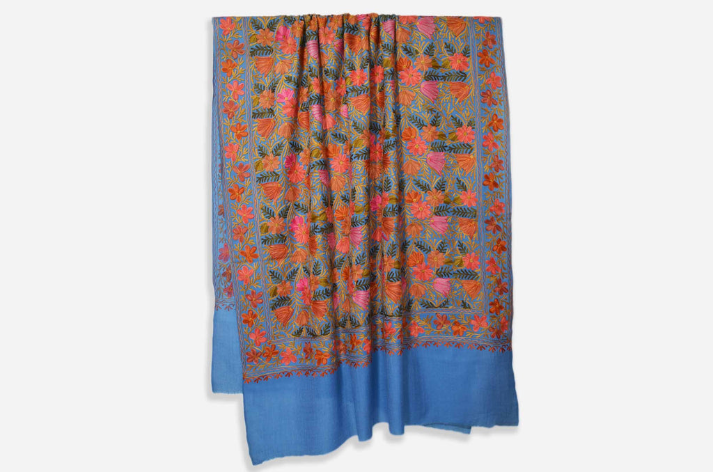 Blue Merino Wool Aari Jamawar Embroidery Shawl