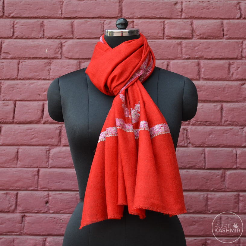 Red Cashmere Scarf With Stunning Border Embroidery