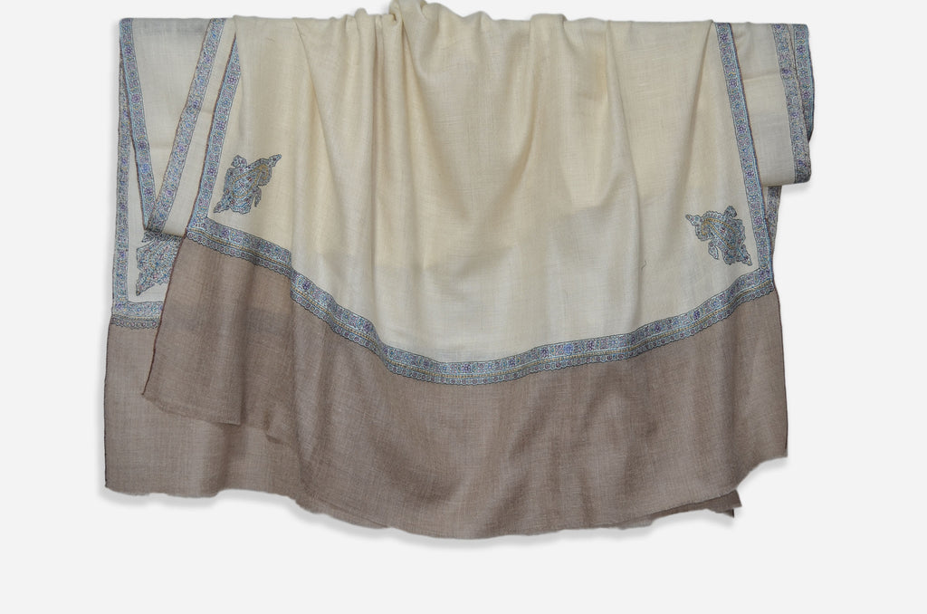 Ivory And Brown Cashmere Pashmina Shawl with Beautifully  Crafted Border