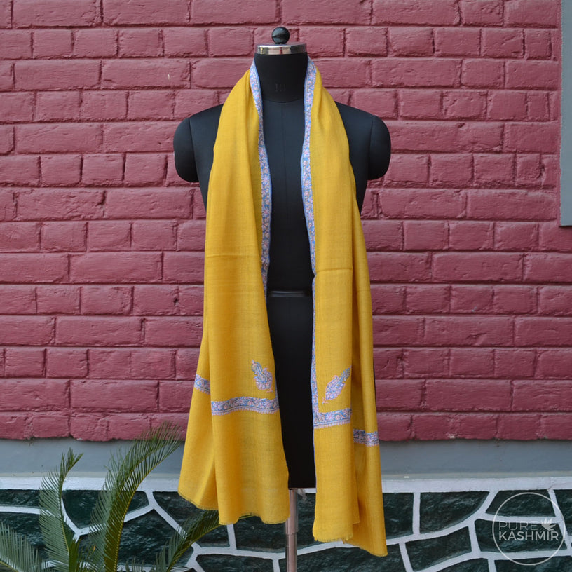 Yellow Cashmere Scarf With Stunning Border Embroidery