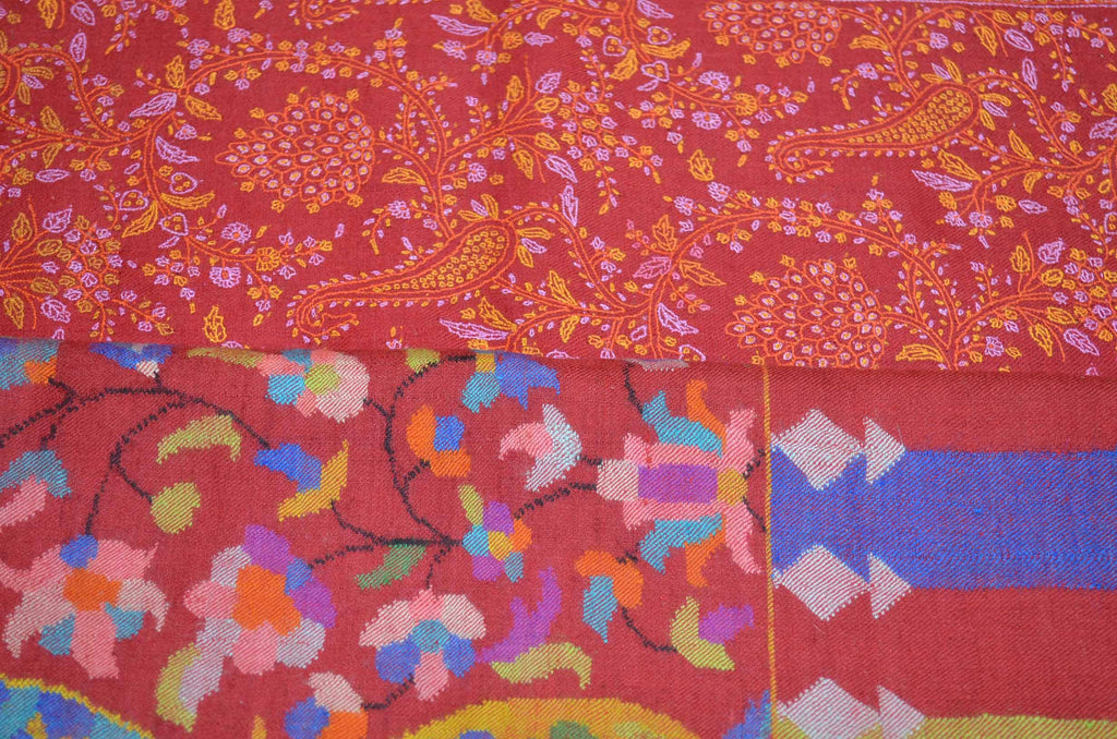 Red Kani Pashmina Jamwar Shawl with Sozni Embroidery