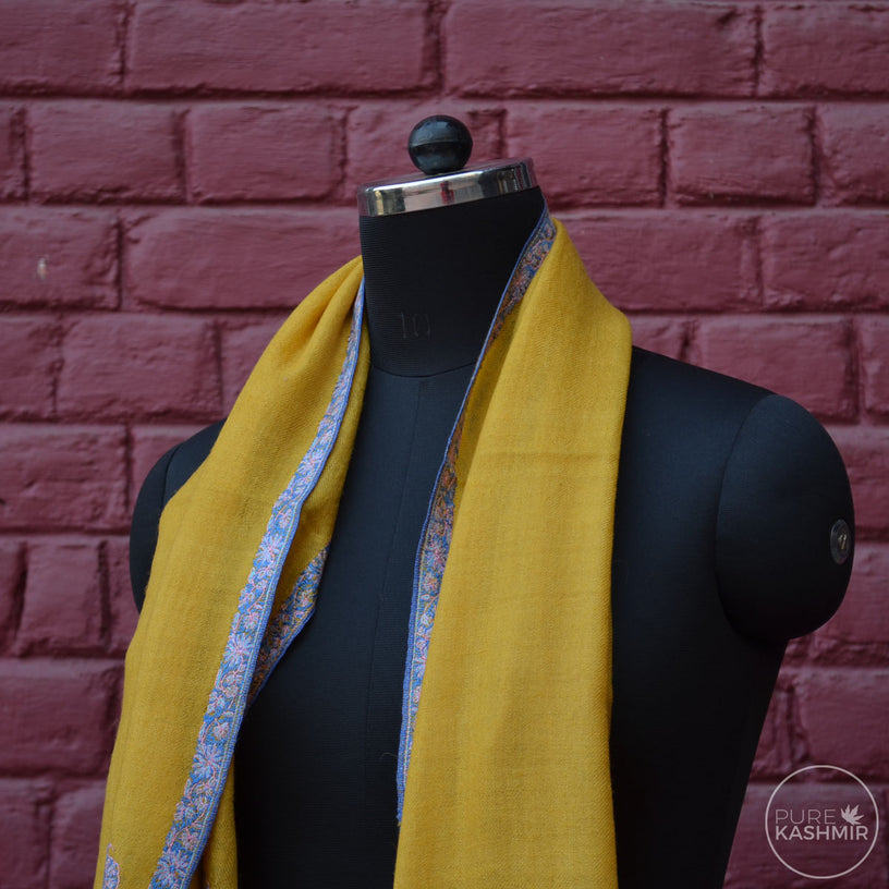 Yellow Cashmere Scarf With Stunning Border Embroidery