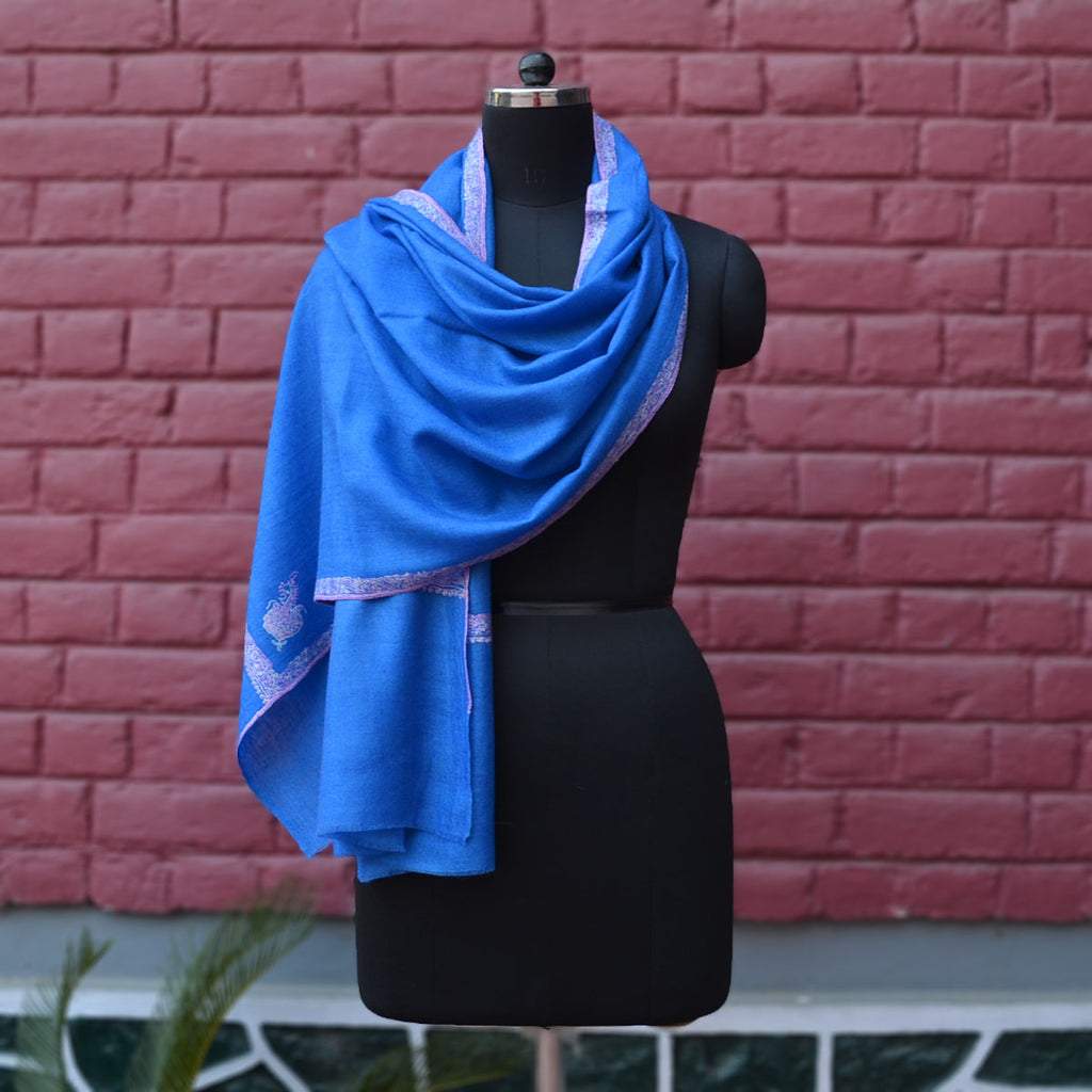 Royal Blue Cashmere Scarf With Stunning Border Embroidery