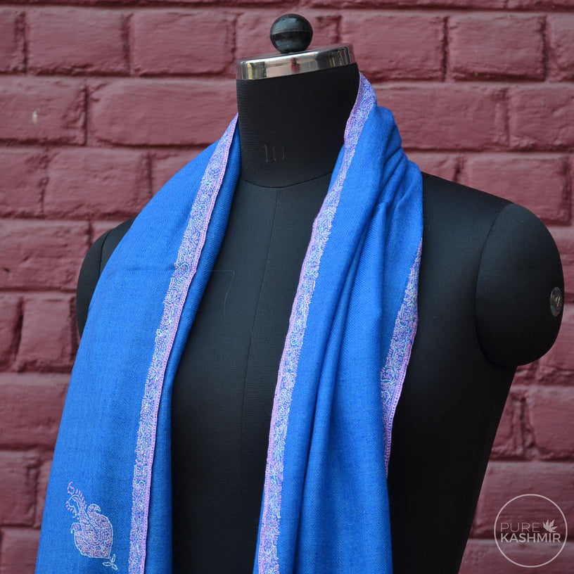 Royal Blue Cashmere Scarf With Stunning Border Embroidery