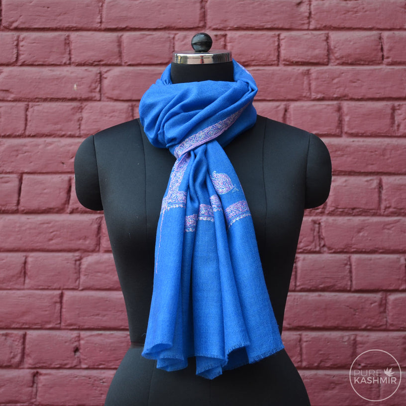 Royal Blue Cashmere Scarf With Stunning Border Embroidery
