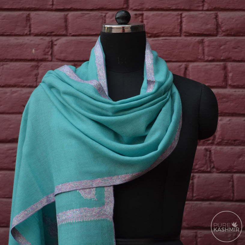 Turquoise Cashmere Scarf With Stunning Border Embroidery