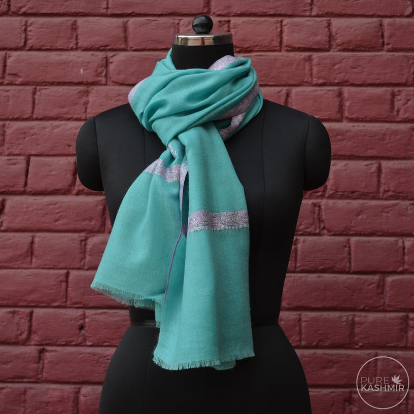 Turquoise Cashmere Scarf With Stunning Border Embroidery