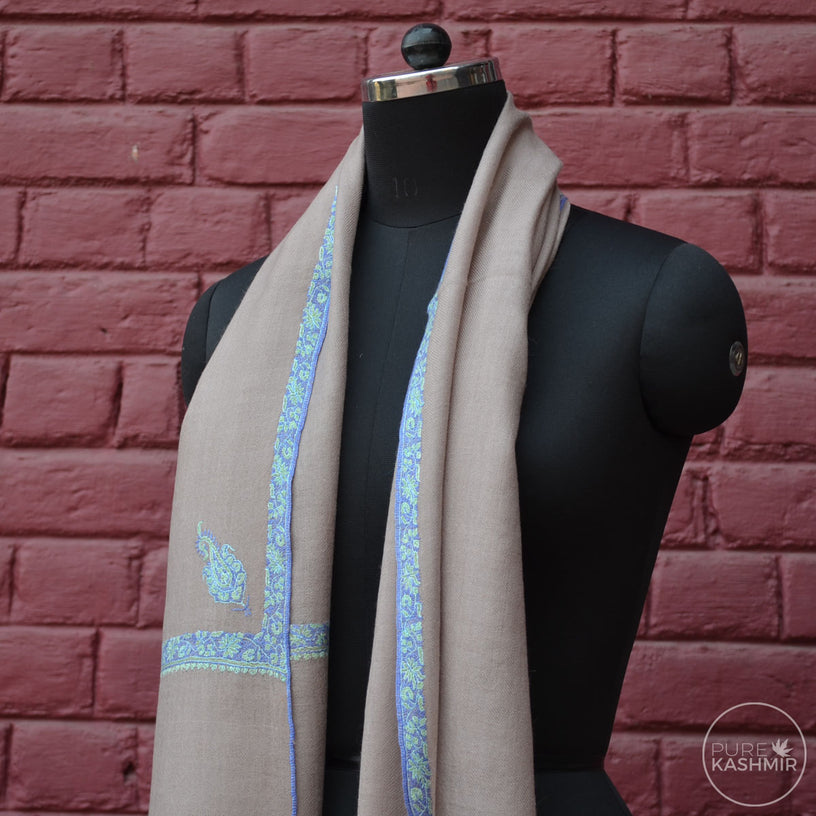 Un Dyed Natural Cashmere Scarf With Stunning Border Embroidery