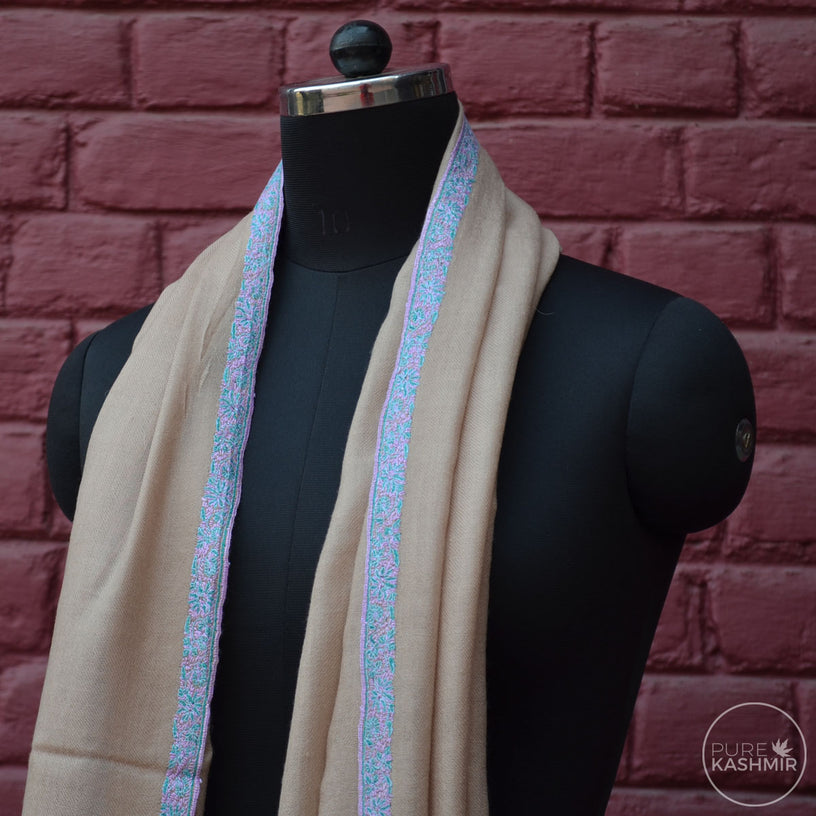 Un Dyed Natural Cashmere Scarf With Stunning Border Embroidery