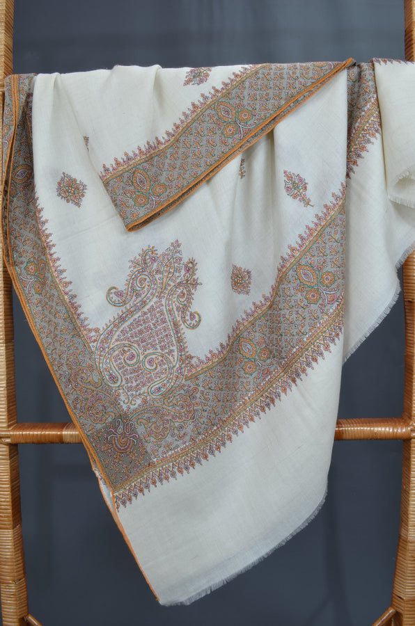 Ivory Big Border embroidery cashmere pashmina shawl