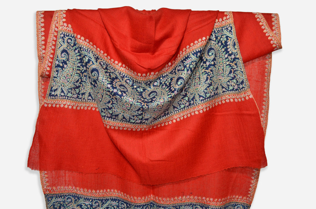 Red and Blue Cashmere Pashmina Stole with Beautiful Big Border