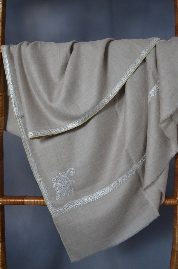 Un Dyed Taupe Tilla Embroidery Pashmina Shawl