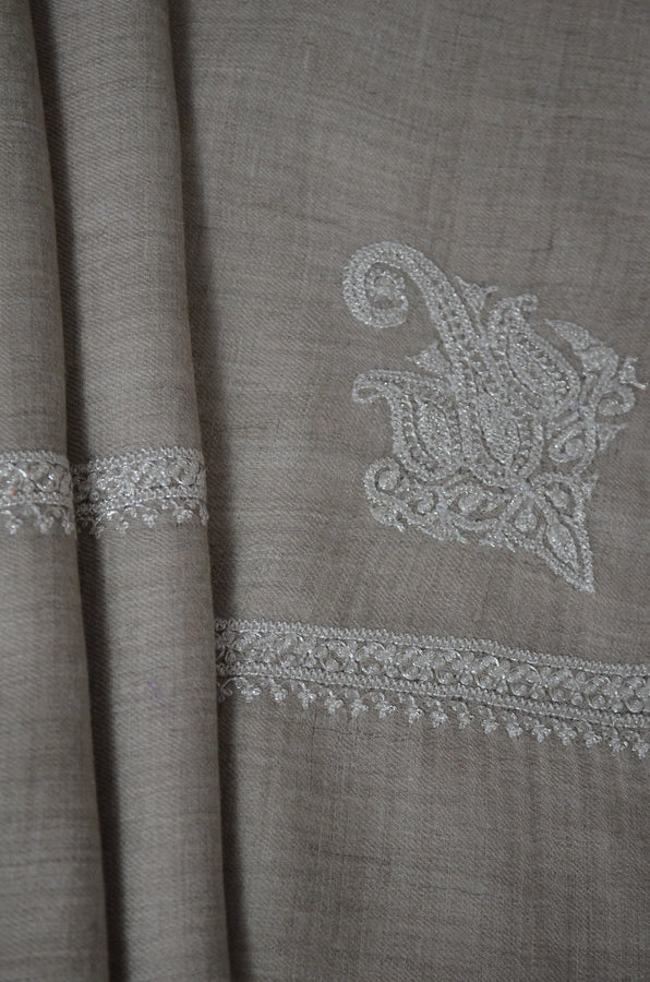 Un Dyed Taupe Tilla Embroidery Pashmina Shawl