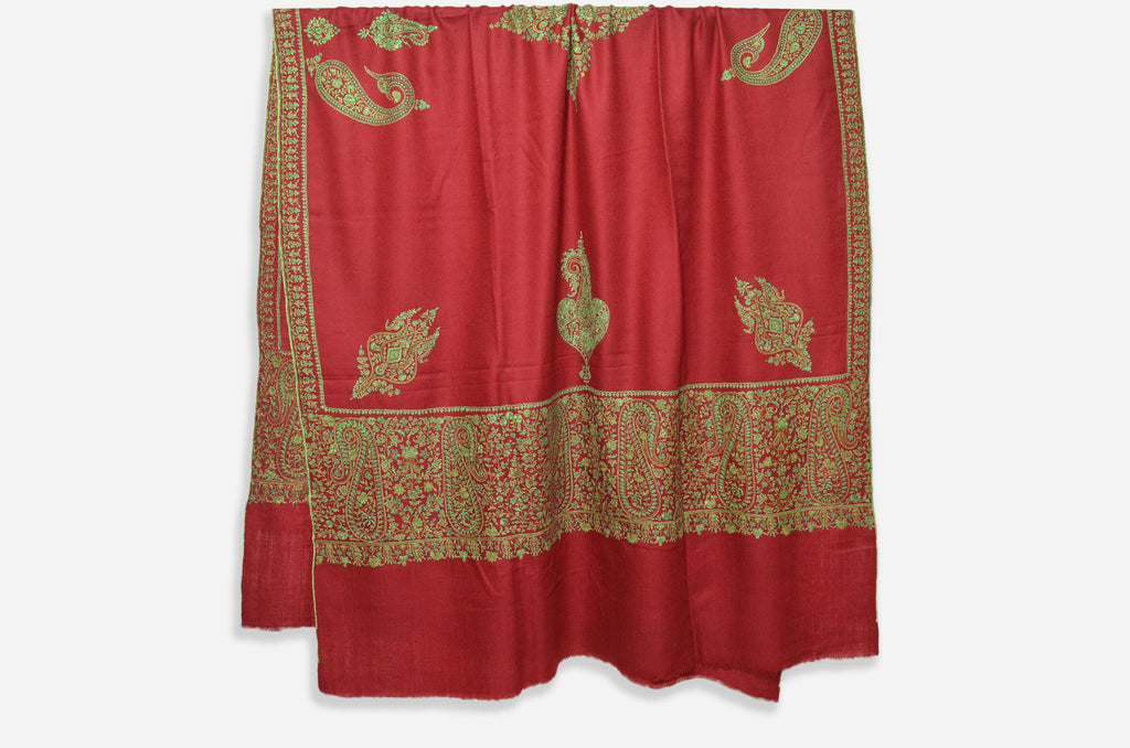 Designer Red Cashmere Shawl with Beautiful Antique Embroidery