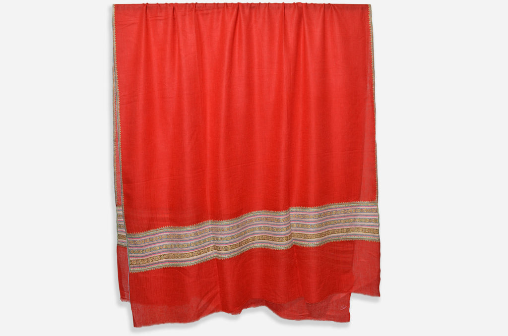Designer Red Cashmere Shawl with Beautiful Triple Border