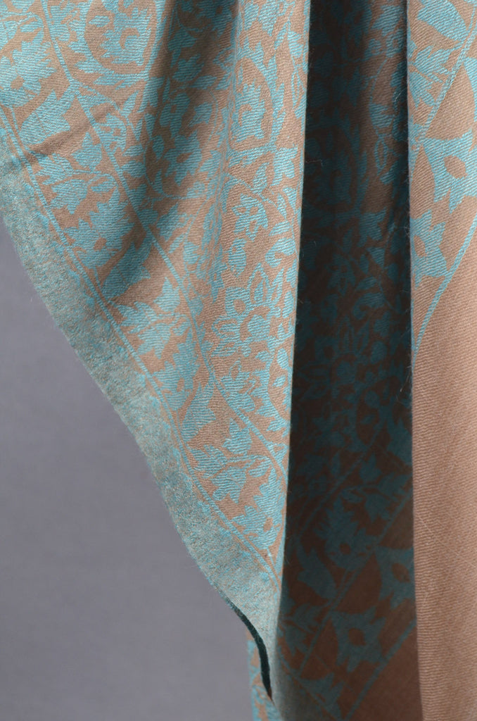Beige Base Turquiose patterned Kani style merino scarf