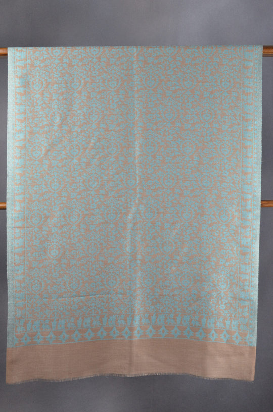 Beige Base Turquiose patterned Kani style merino scarf