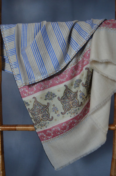 Blue & Natural Striped Border Embroidery Cashmere Pashmina Shawl