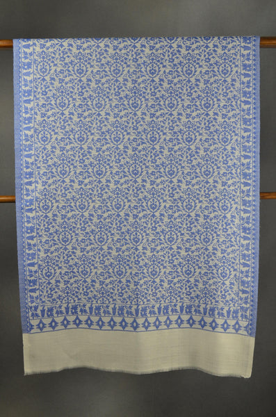 Ivory Base Blue patterned Kani style merino scarf