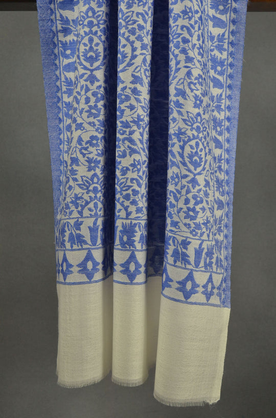 Ivory Base Blue patterned Kani style merino scarf