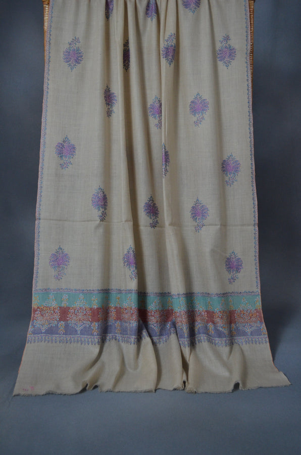 Un Dyed Natural Butti-Dar & Border Embroidery Cashmere Pashmina Shawl