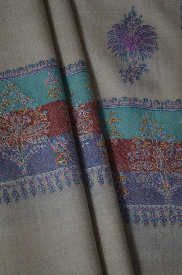 Un Dyed Natural Butti-Dar & Border Embroidery Cashmere Pashmina Shawl