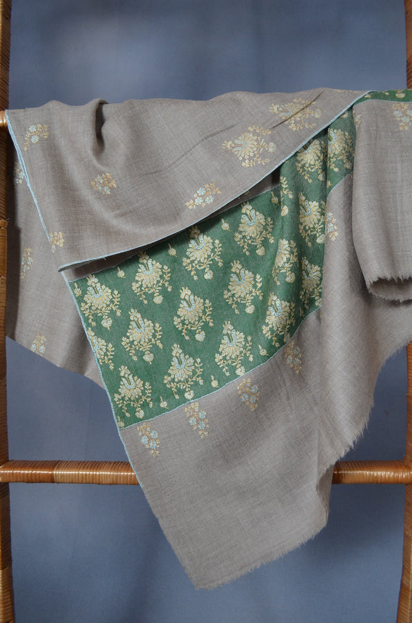 Natural Butti-Dar & Border Embroidery Cashmere Pashmina Shawl
