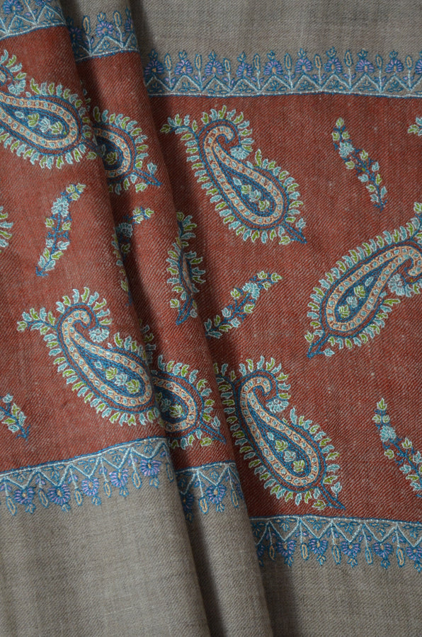 Natural Butti-Dar & Border Embroidery Cashmere Pashmina Shawl