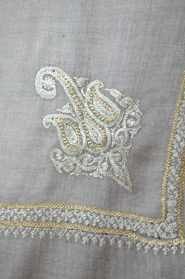 Un Dyed Taupe Tilla Border Embroidery Pashmina Shawl