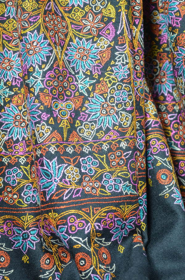 Black Jamawar Embroidery Cashmere Pashmina Shawl – detail view