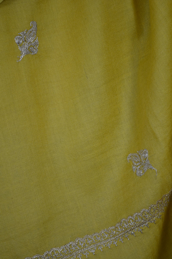 Yellow Tilla Border Embroidery Pashmina Shawl with Beautiful Motifs