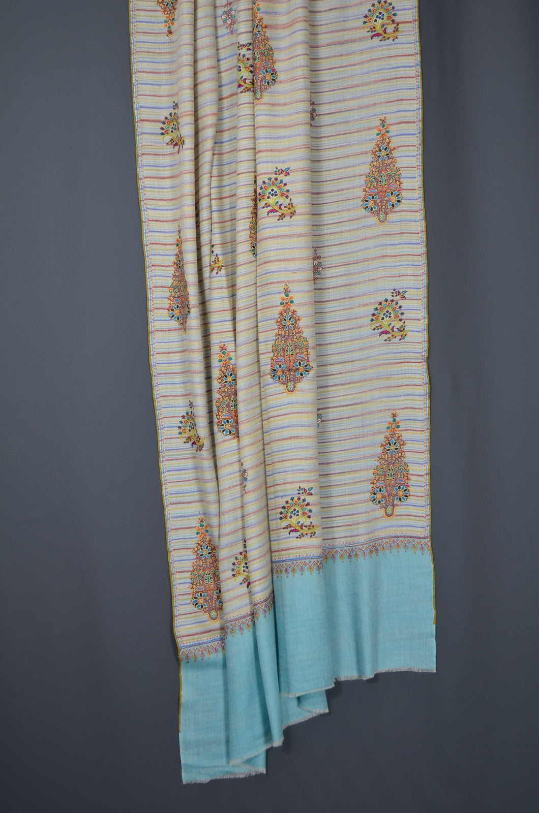 Blue Khadi patterned motif embroidery cashmere pashmina shawl