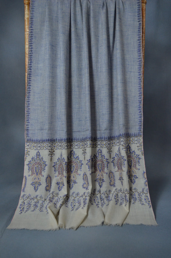 Blue and Ivory Khadi Border Embroidery Cashmere Pashmina Shawl