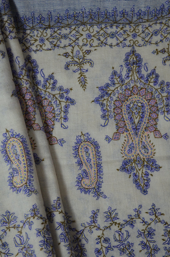 Blue and Ivory Khadi Border Embroidery Cashmere Pashmina Shawl