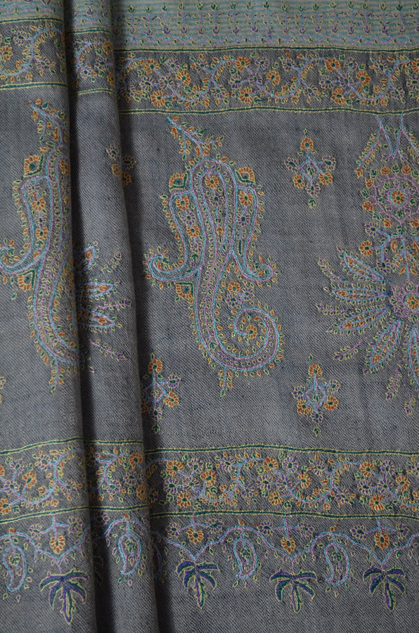 Green and Ivory Khadi Border Embroidery Cashmere Pashmina Shawl
