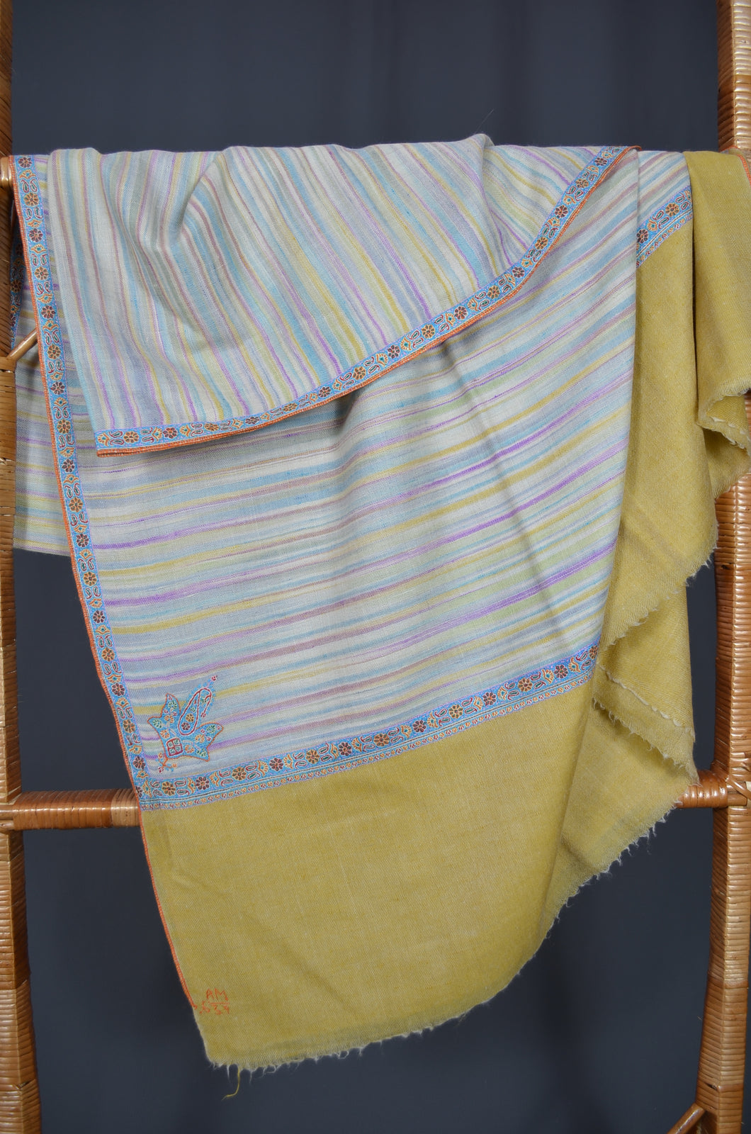 Yellow Ikat Border Embroidery Cashmere Pashmina Shawl