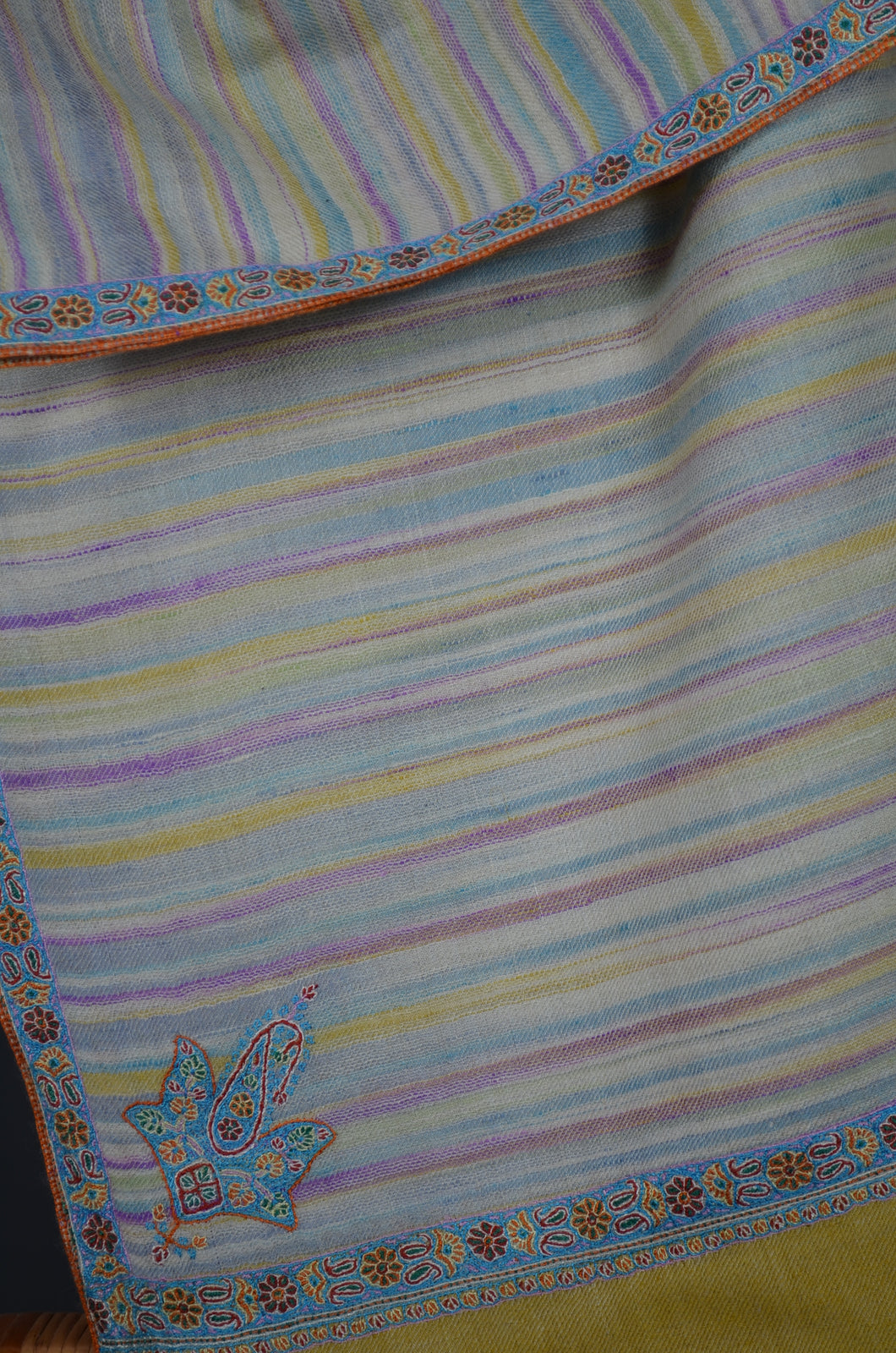 Yellow Ikat Border Embroidery Cashmere Pashmina Shawl