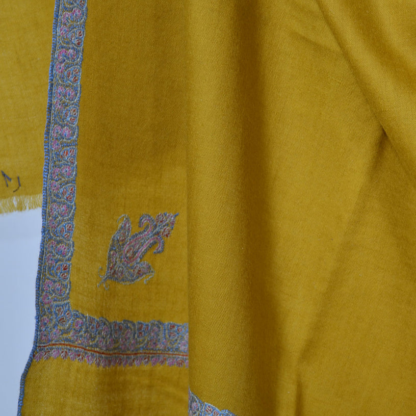 Mustard Sozni Border Embroidery Cashmere Pashmina Shawl